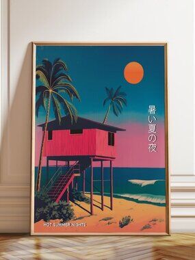 Tropical Beach House Art Print: Mid-Century Japanese Coastal Wall Art